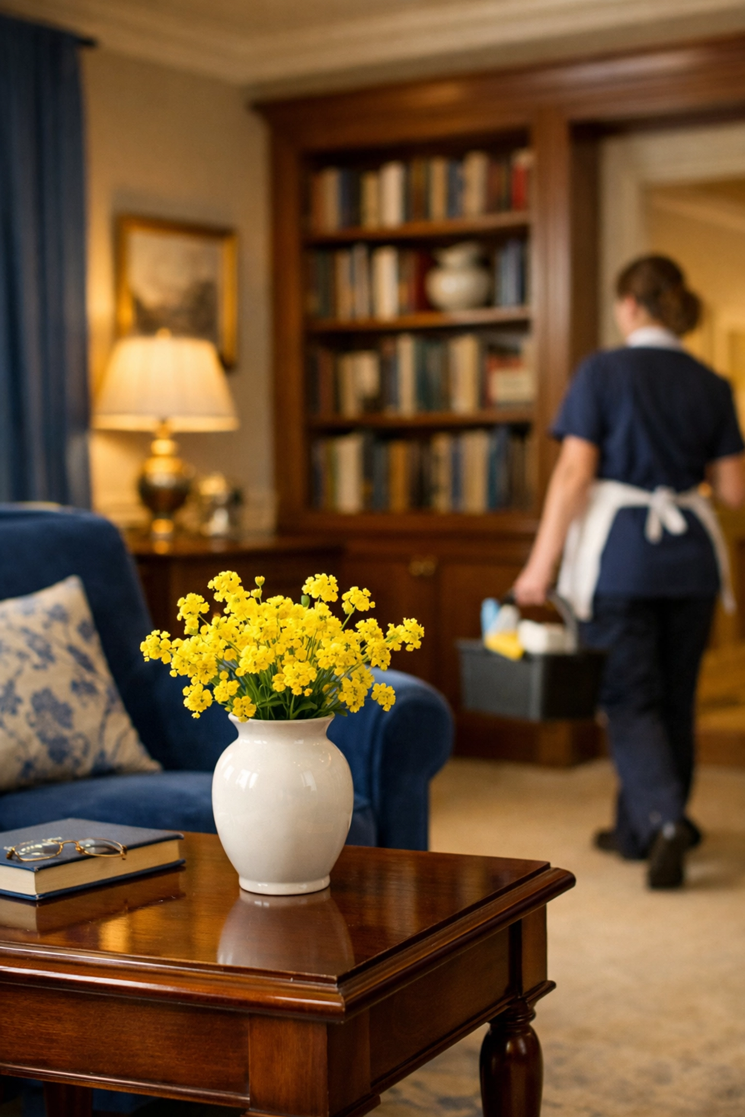Discreet professional house cleaning service in a quiet Dover estate library featuring mahogany bookshelves.