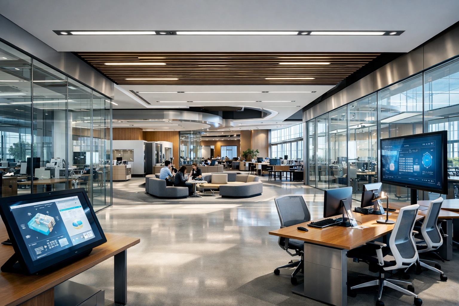A modern tech-integrated educational innovation hub designed for workforce development and student collaboration.