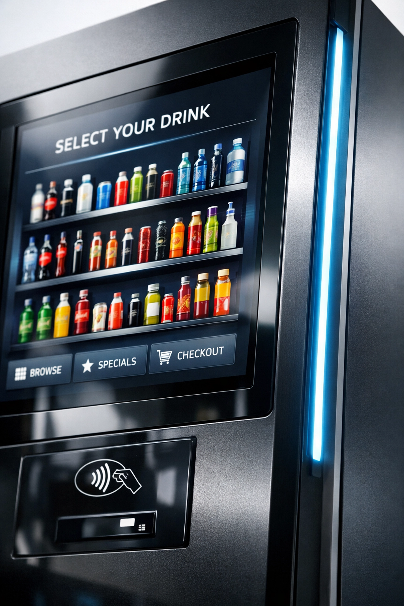 High-tech vending machine touchscreen interface displaying a digital library for easy book selection.