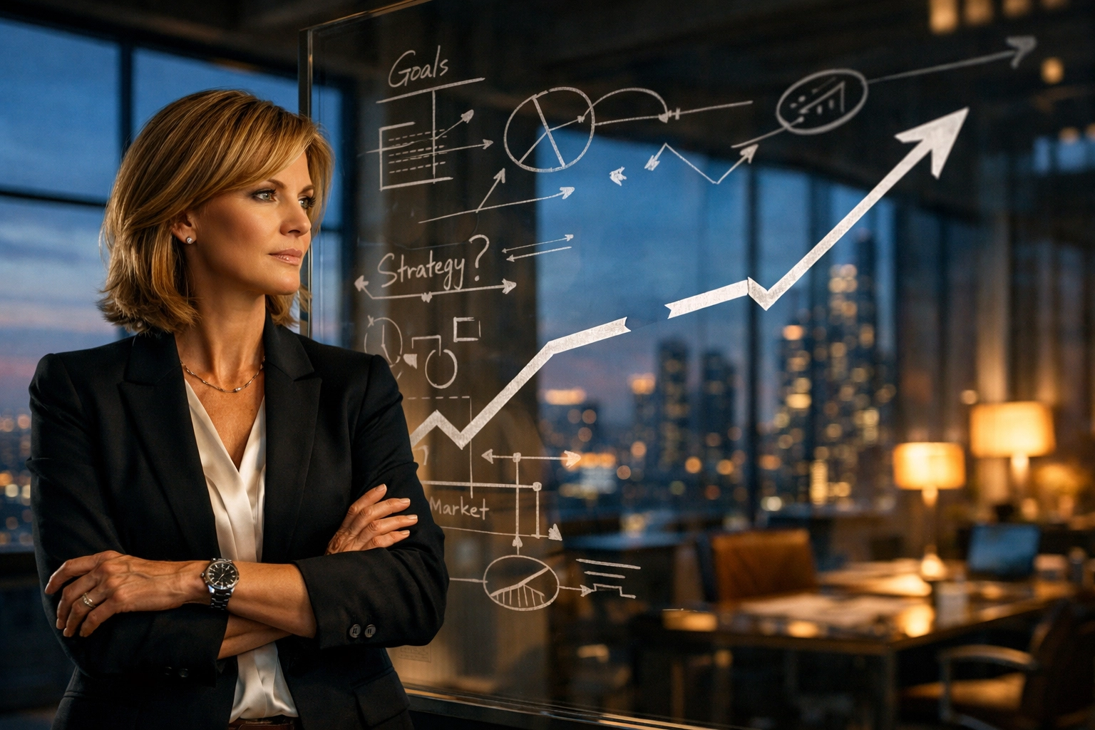 B2B CEO analyzing a strategic growth gap on a whiteboard in a modern office.