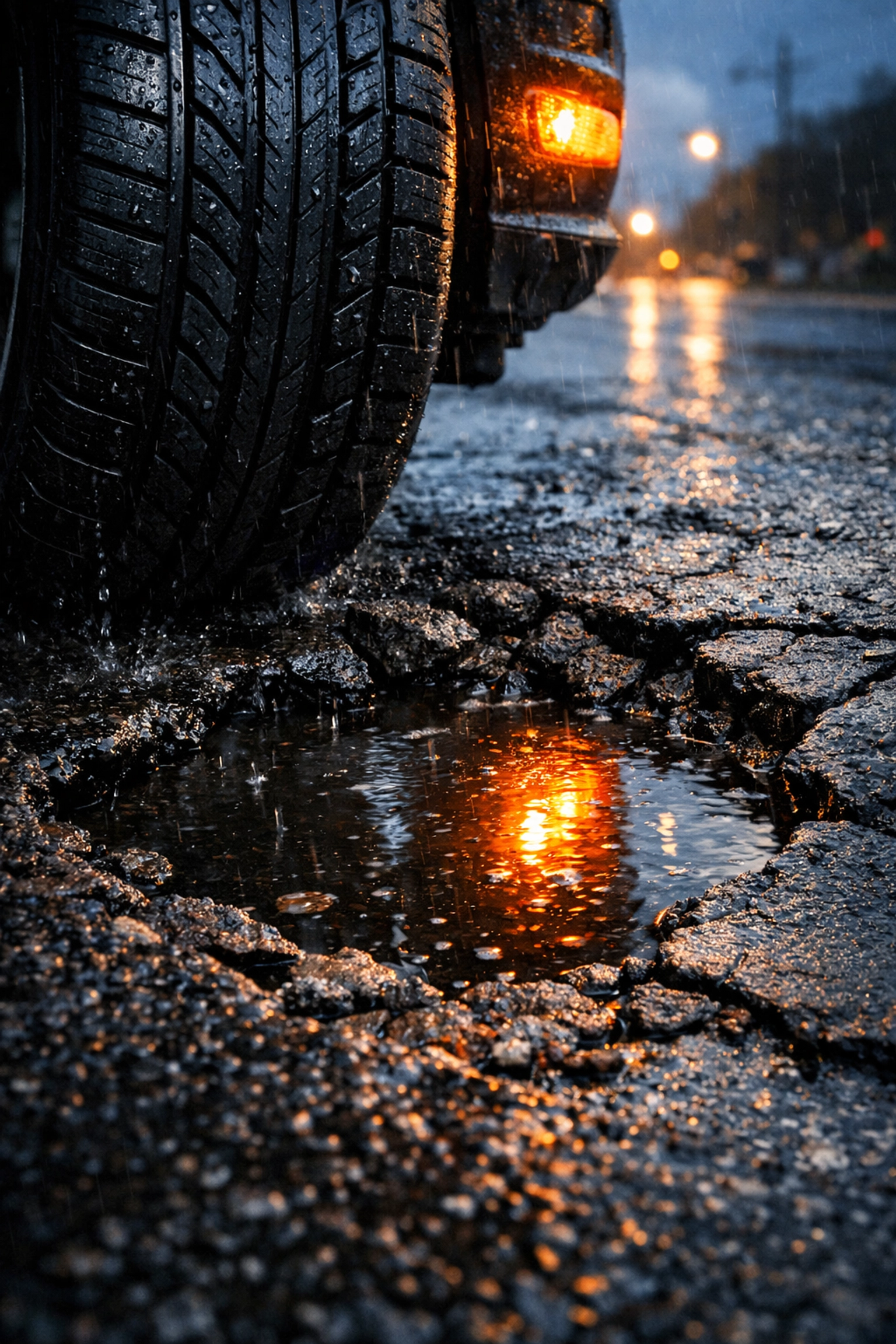 Car tire about to hit a deep pothole on a wet road, illustrating causes of premature tire wear.