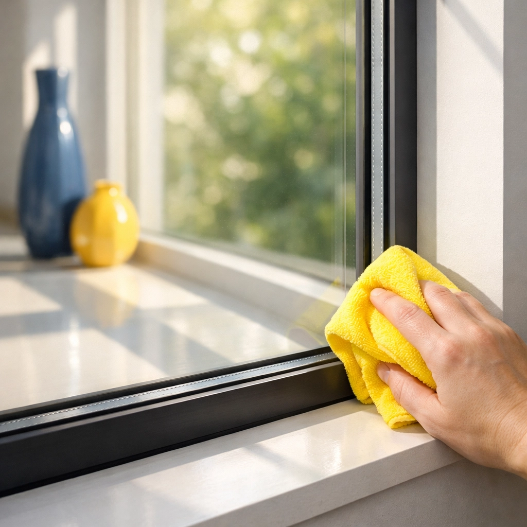 Wiping away adhesive residue from a window frame with a microfiber cloth for a clean glass finish.