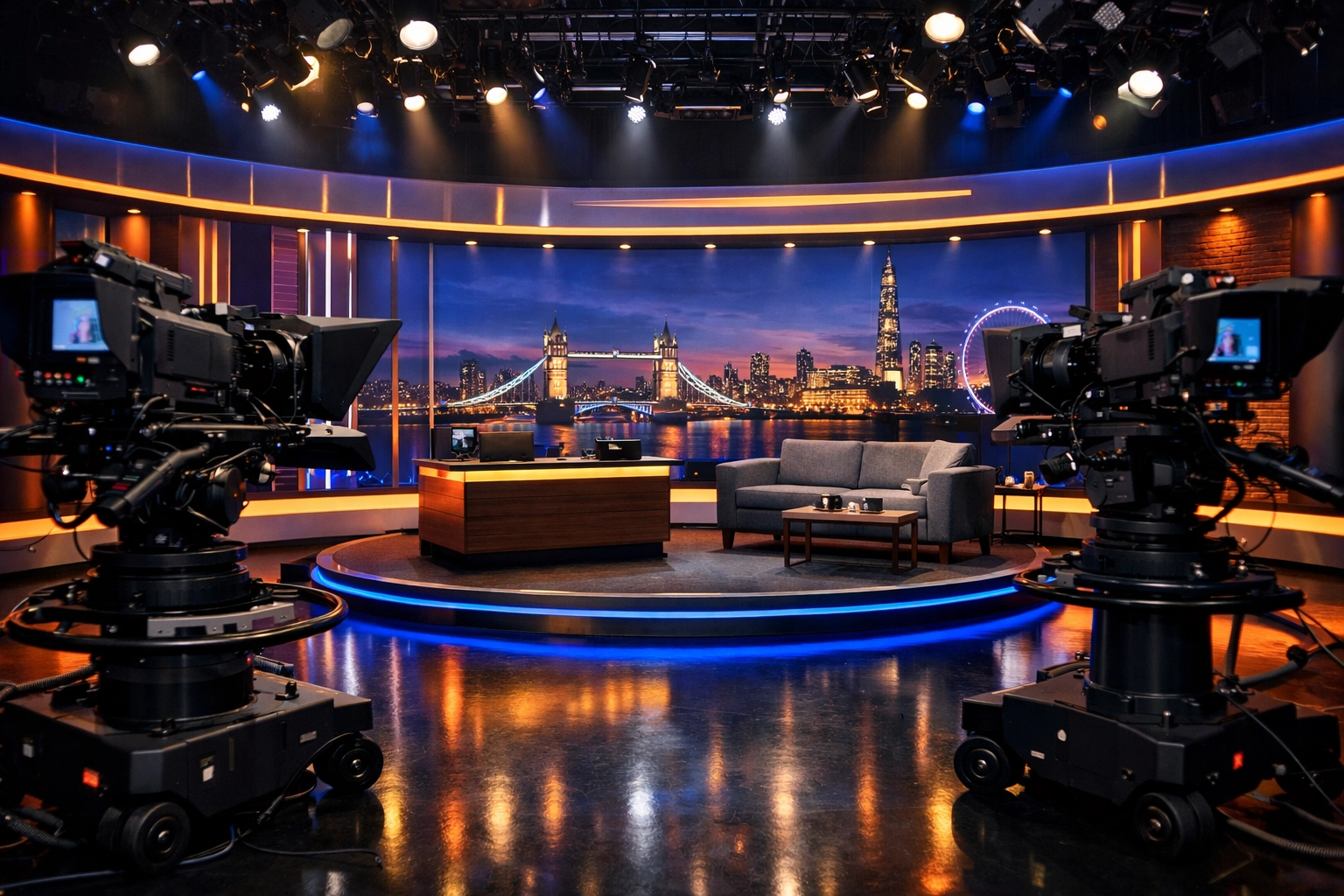 Modern TV studio set in London for the Saturday Night Live UK entertainment broadcast.