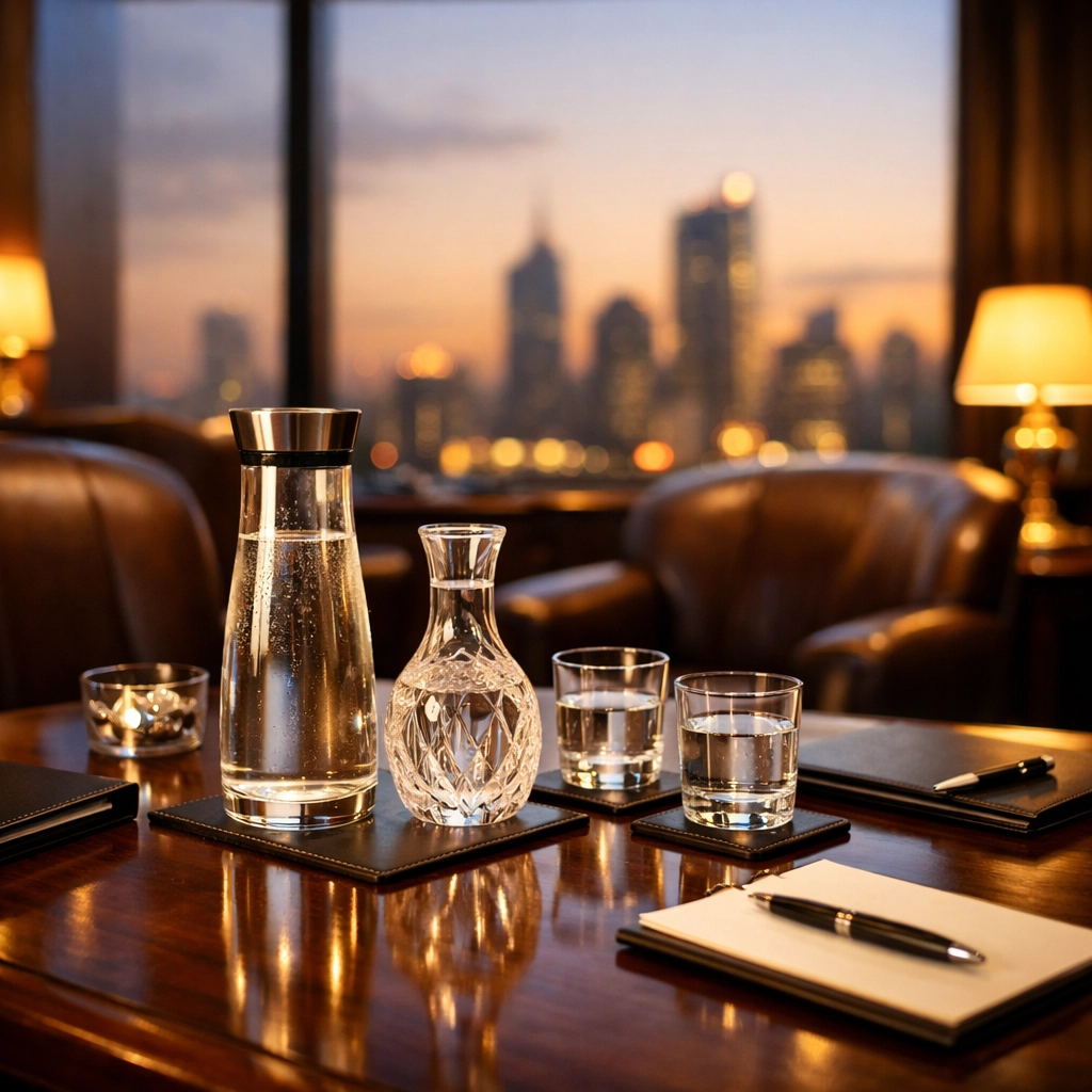 Sophisticated executive lounge with a city view designed for high-stakes Super Bowl networking and corporate ROI.