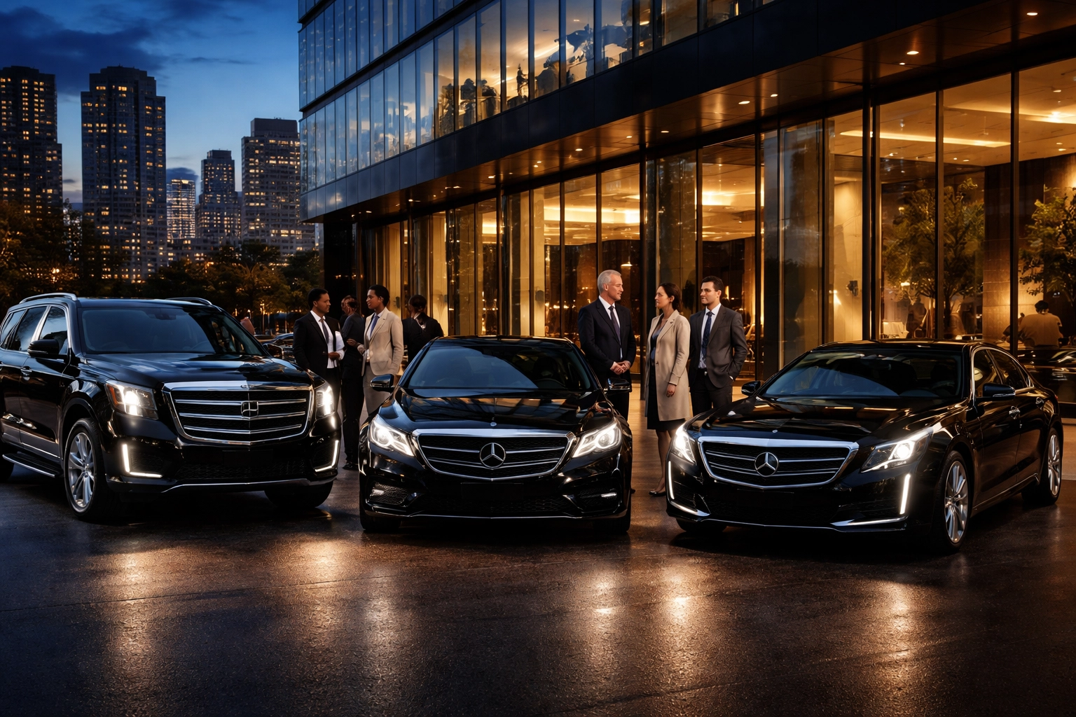 Fleet of luxury vehicles outside a modern corporate building with diverse professionals, showcasing seamless event transportation.
