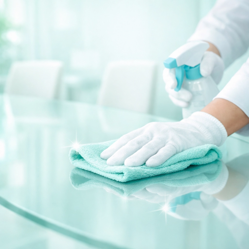 A professional cleaner polishing a glass conference table for a streak-free, professional look.