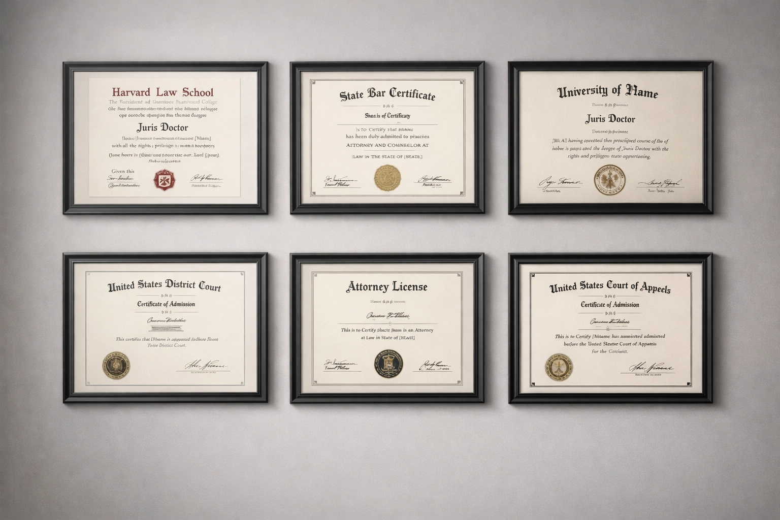 Attorney credentials and law degrees demonstrating legal expertise and authority