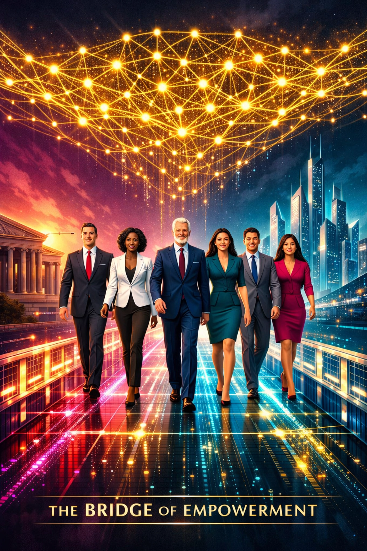 Führungskräfte auf einer digitalen Brücke zum echten KI-Empowerment durch systematisches Training.