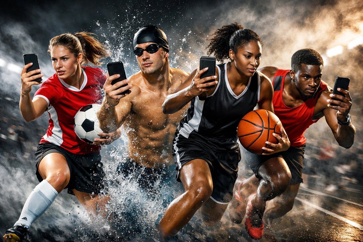 Diverse college athletes from multiple sports using smartphones for NIL brand partnerships