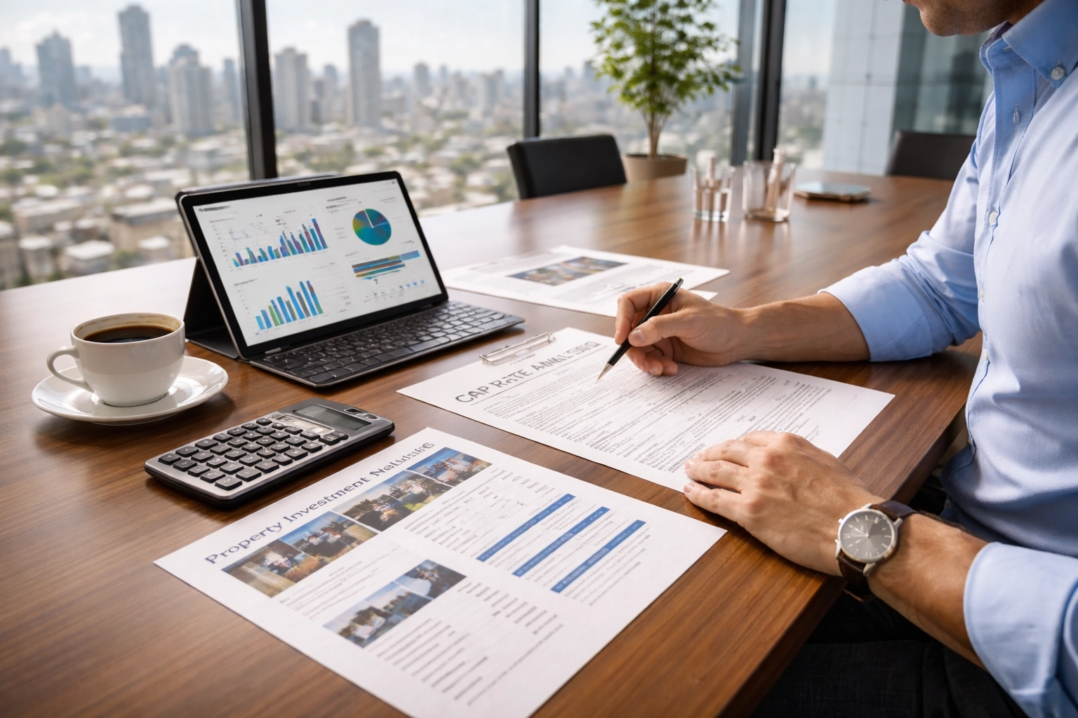 Photorealistic investor reviewing deal documents and financials, showing investment property MLS analysis — MLS for investors.