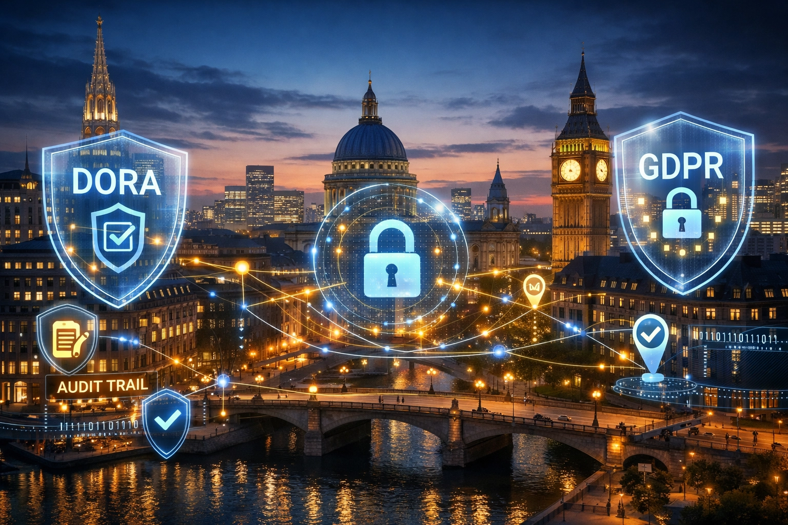 European cityscape with DORA and GDPR compliance frameworks for ServiceNow ITOM operations