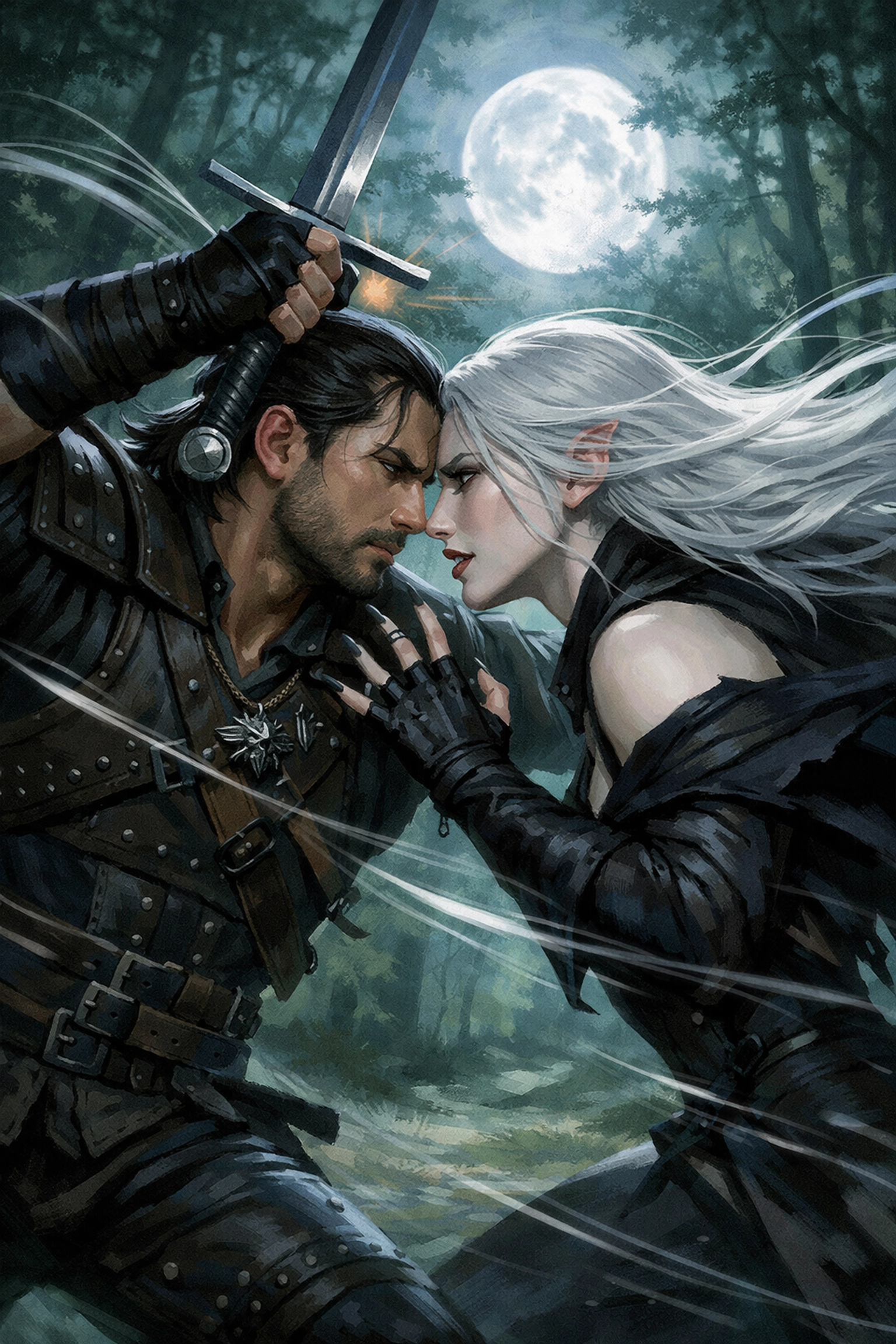 Witcher and vampire sparring with romantic tension in moonlit forest clearing - MM paranormal romance