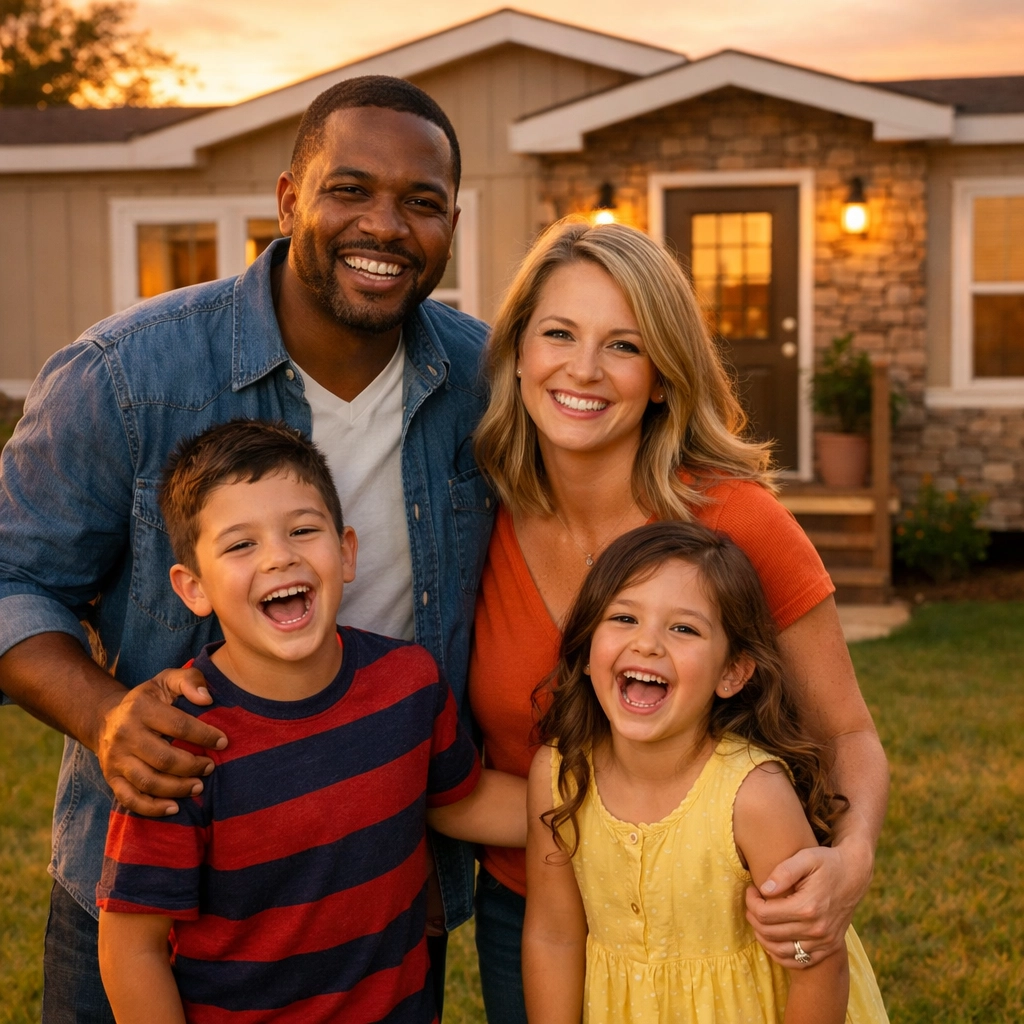 Happy family standing in front of their new manufactured home in Crosby, Texas at sunset.