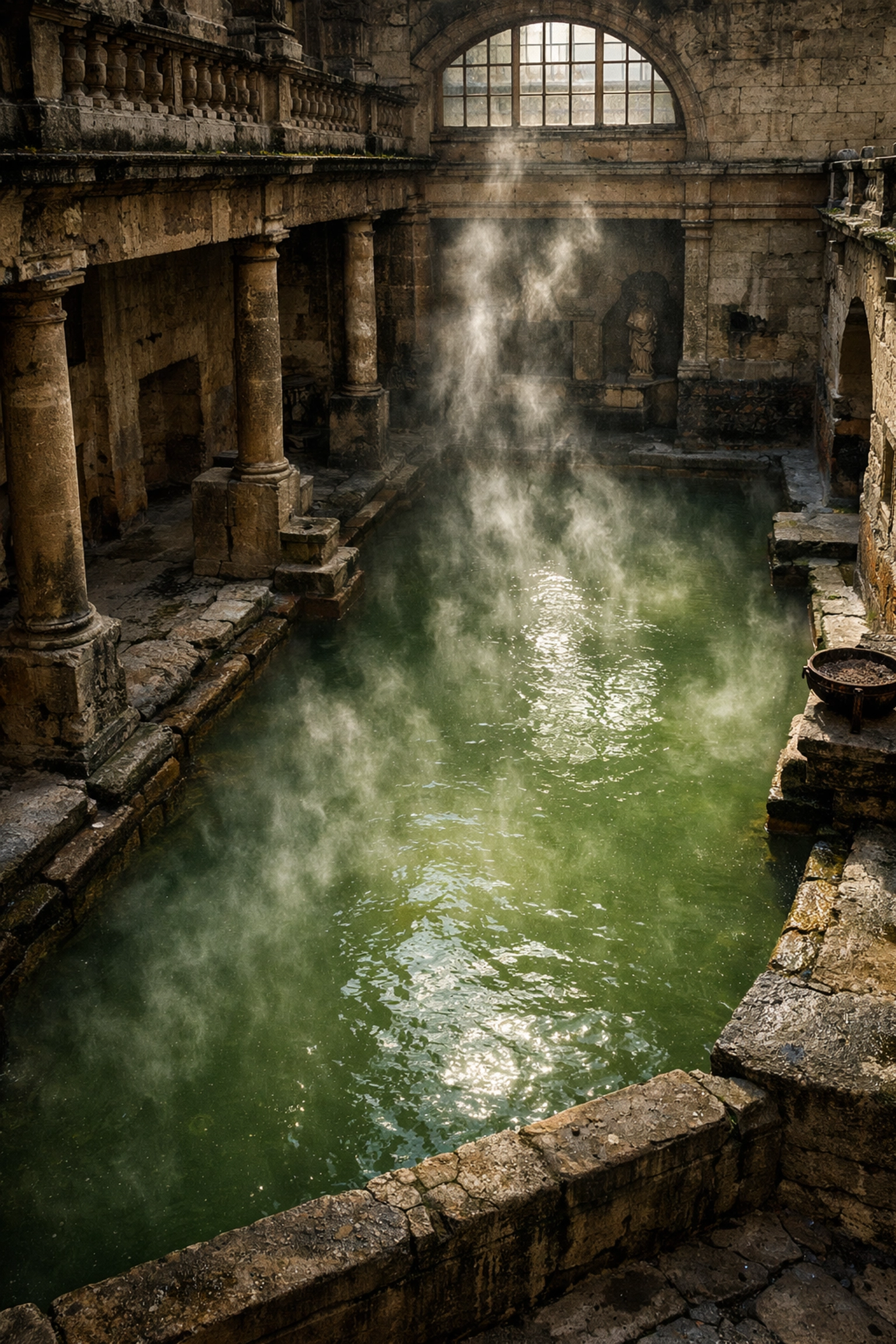 Ancient Roman Baths in Bath England with green thermal spring water and steam