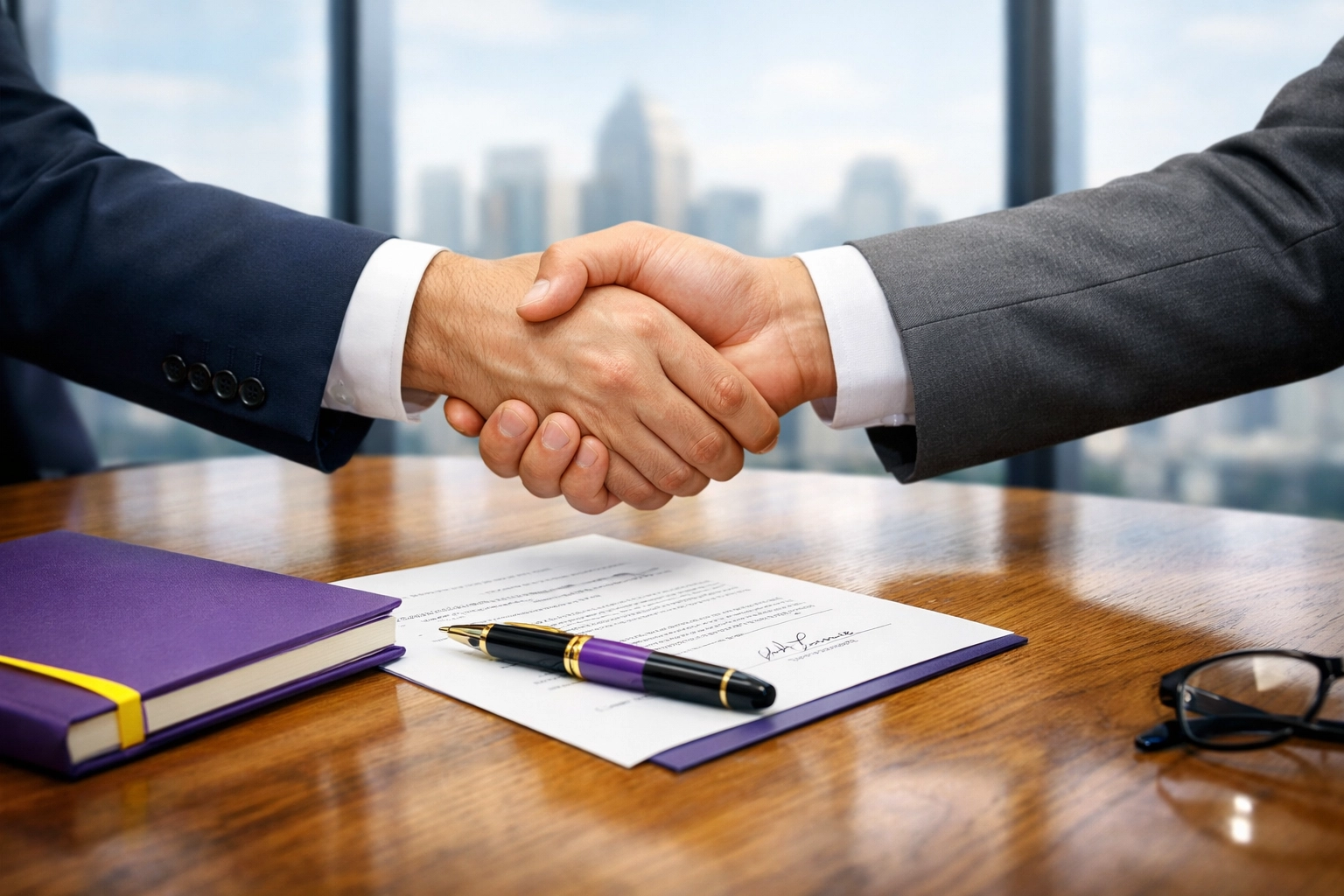 Business partners shaking hands in a boardroom, representing trust and revenue growth.