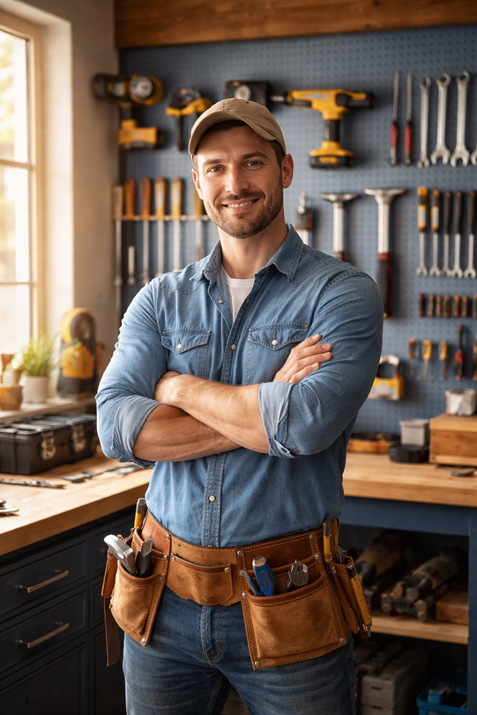 Confident home service contractor standing in organized workshop, representing control and business ownership.