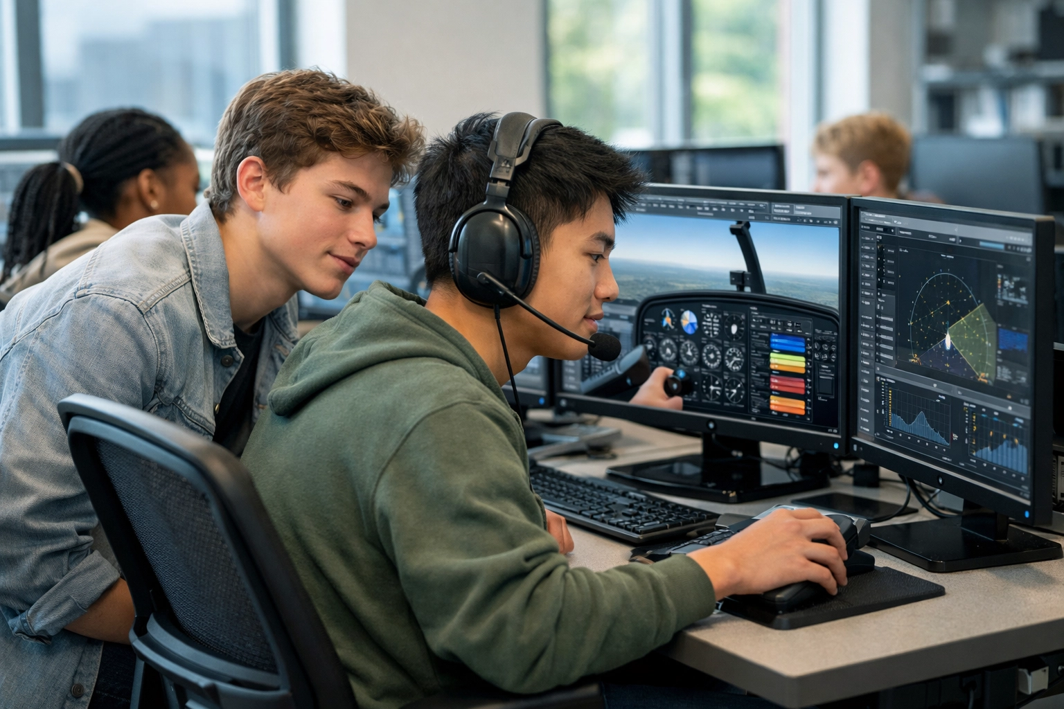 High school students using advanced simulation software at modern workstations within a Dakdan Worldwide educational pod.