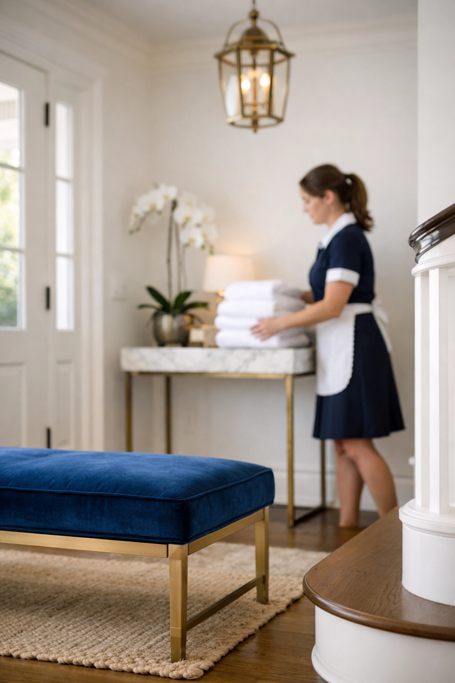 Discreet professional providing luxury house cleaning Newton MA services in a high-end home entryway.