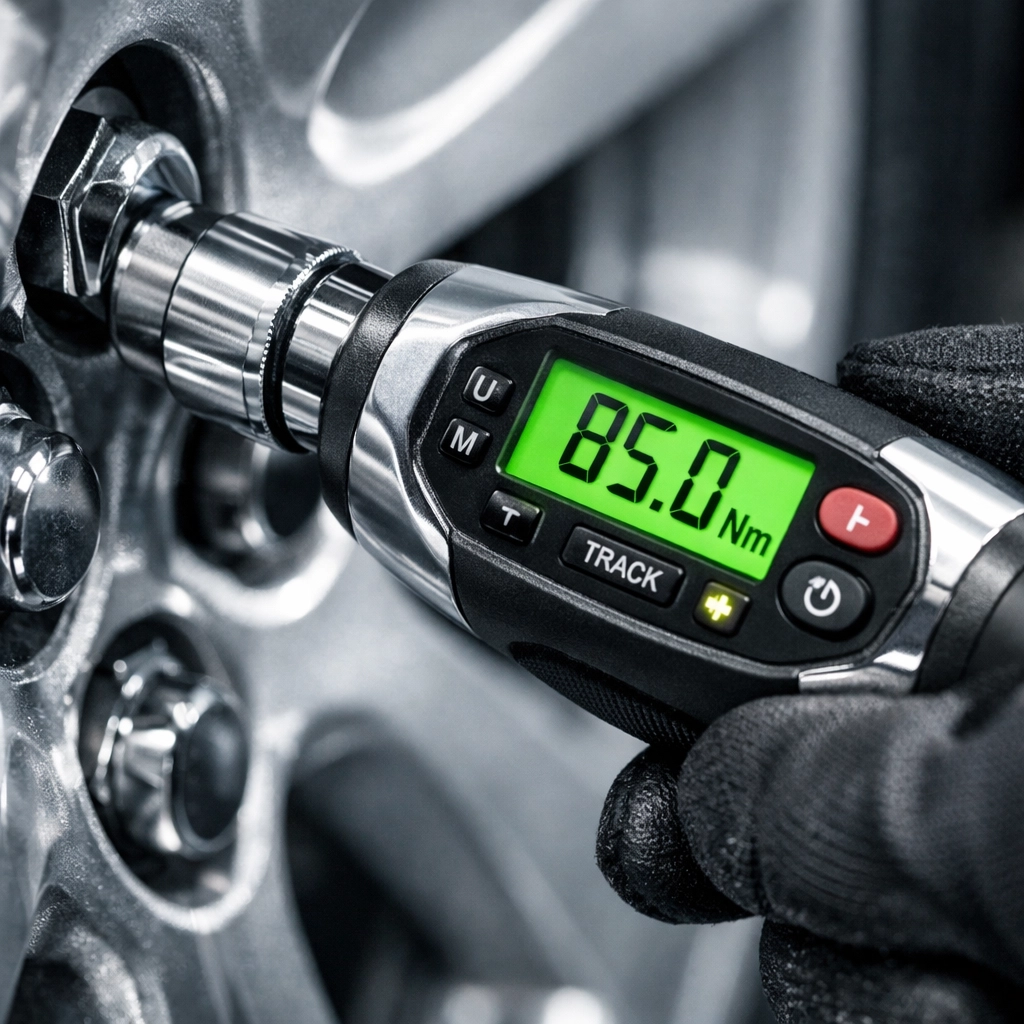 Expert technician using a precision torque wrench for safe mobile car maintenance in Green Bay.