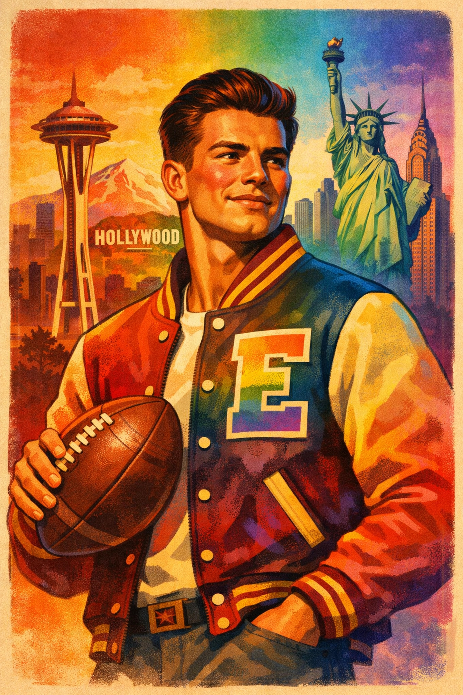 Athletic gay protagonist Jim Willard's journey across America in vintage poster style