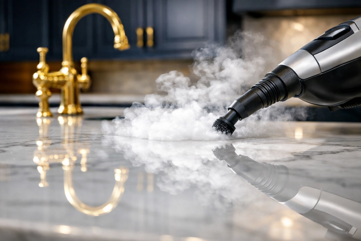 Steam cleaning and sanitizing a luxury marble kitchen countertop in a West Cambridge home.