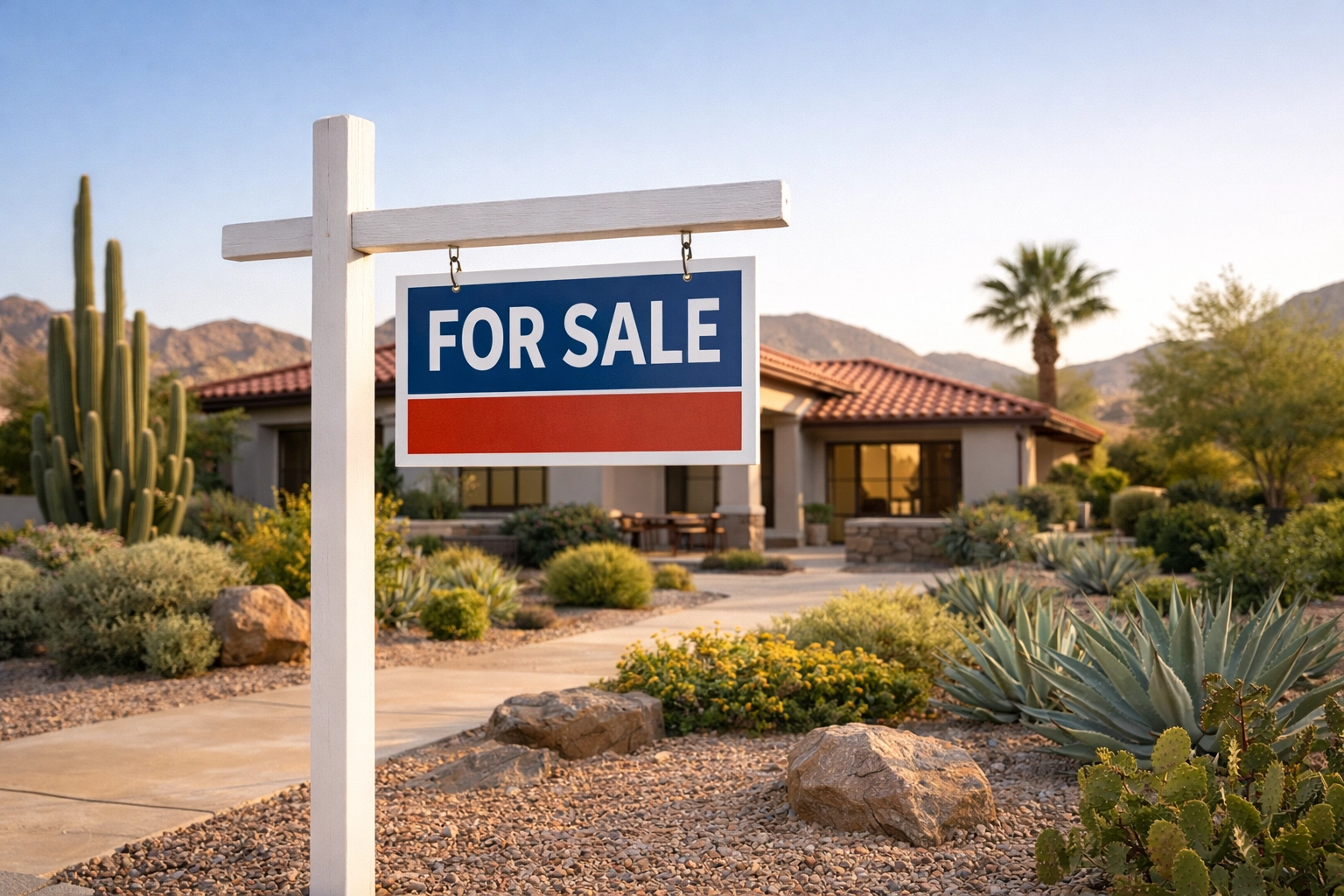 For Sale sign in a Phoenix-area neighborhood with desert landscaping and bright natural light (Arizona real estate, 2026).