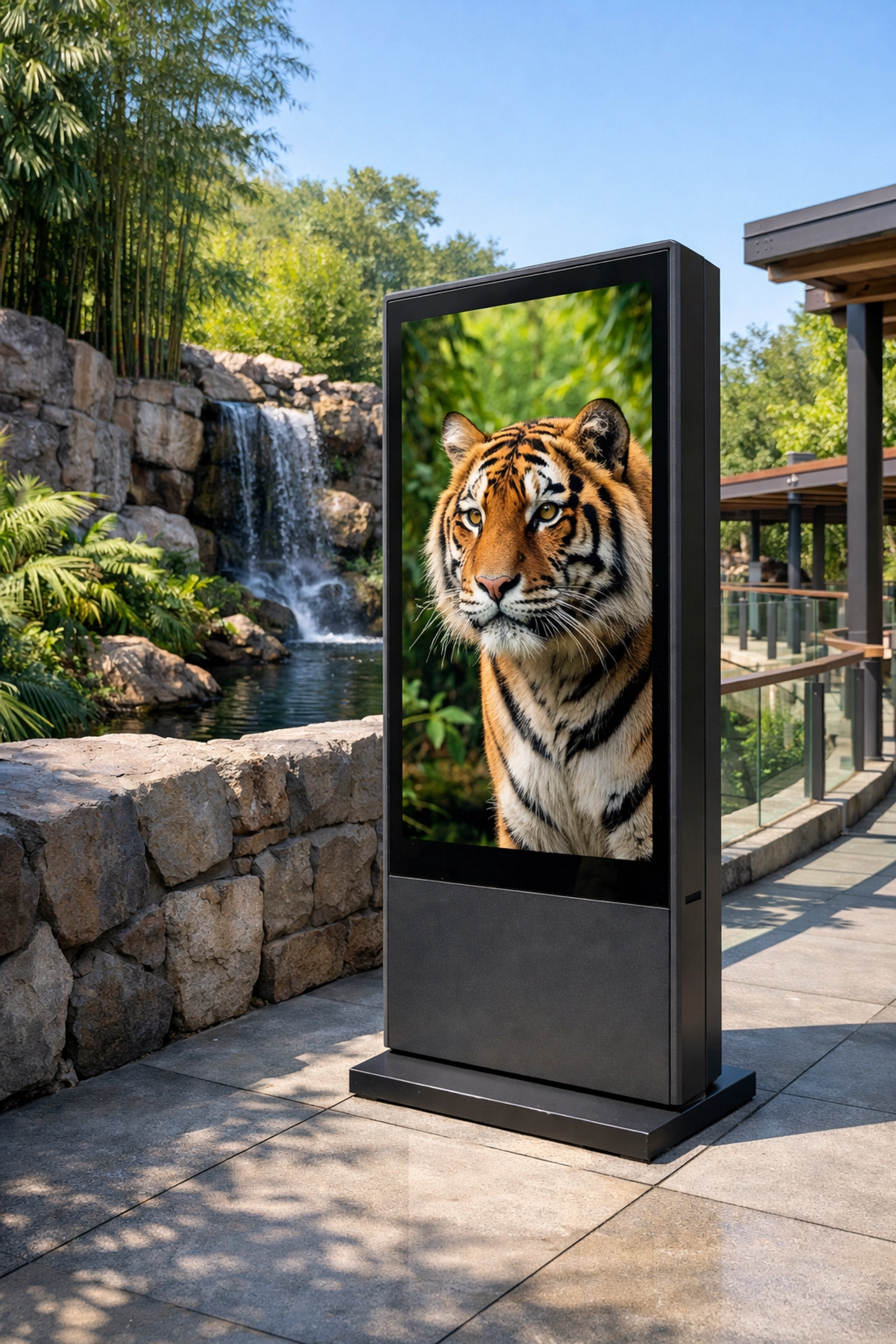 4K digital display kiosk in a zoo exhibit using creative services for interactive sponsorship and digital marketing.