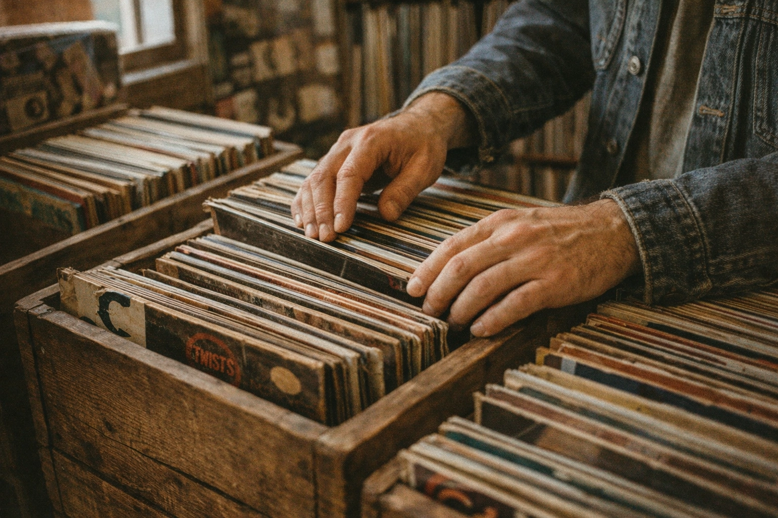 Collector browsing used vinyl records in cozy aisle at Pico Boulevard record store