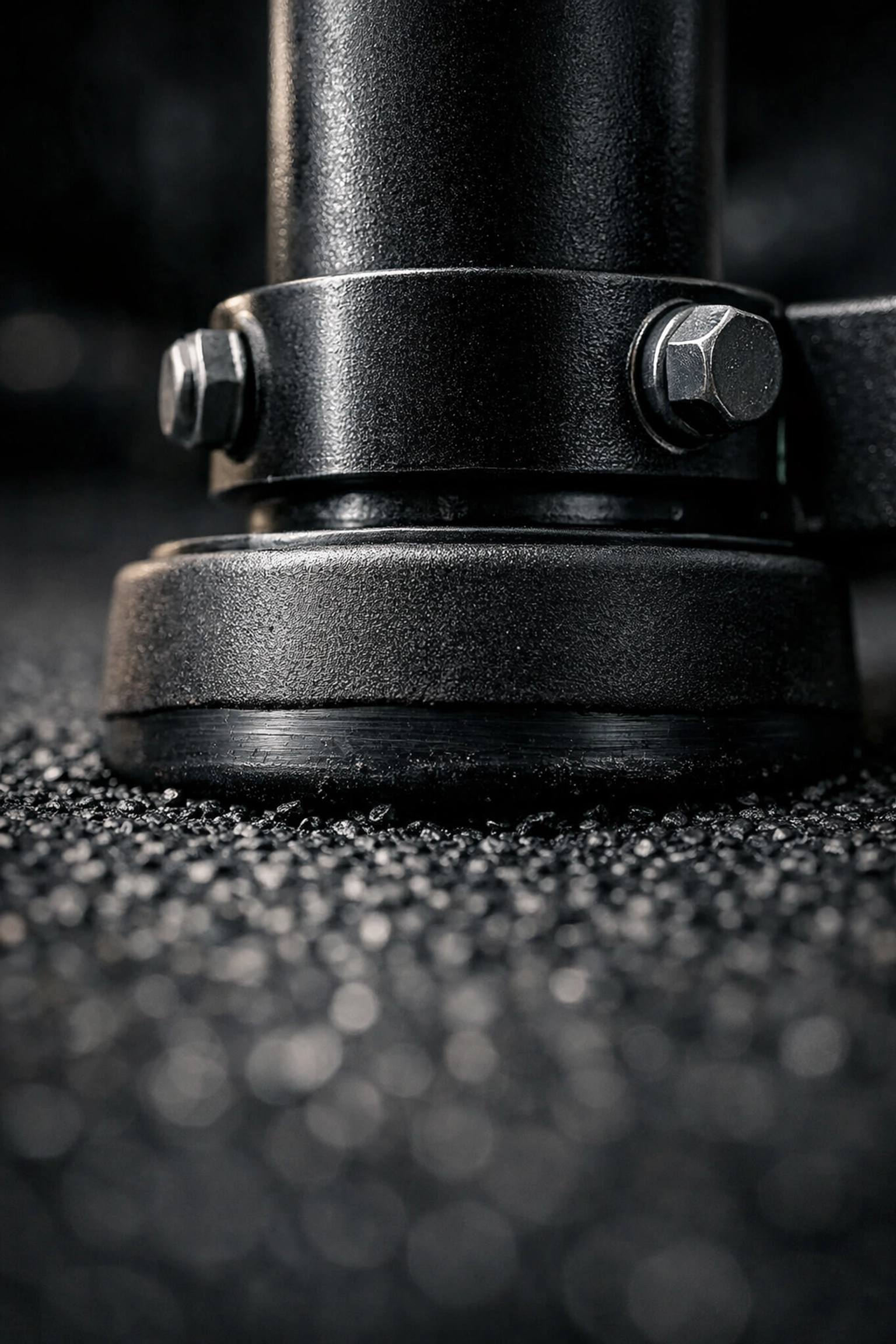 Close-up of a tension-mounted gym rail base on a high-density rubber mat for home floor protection.