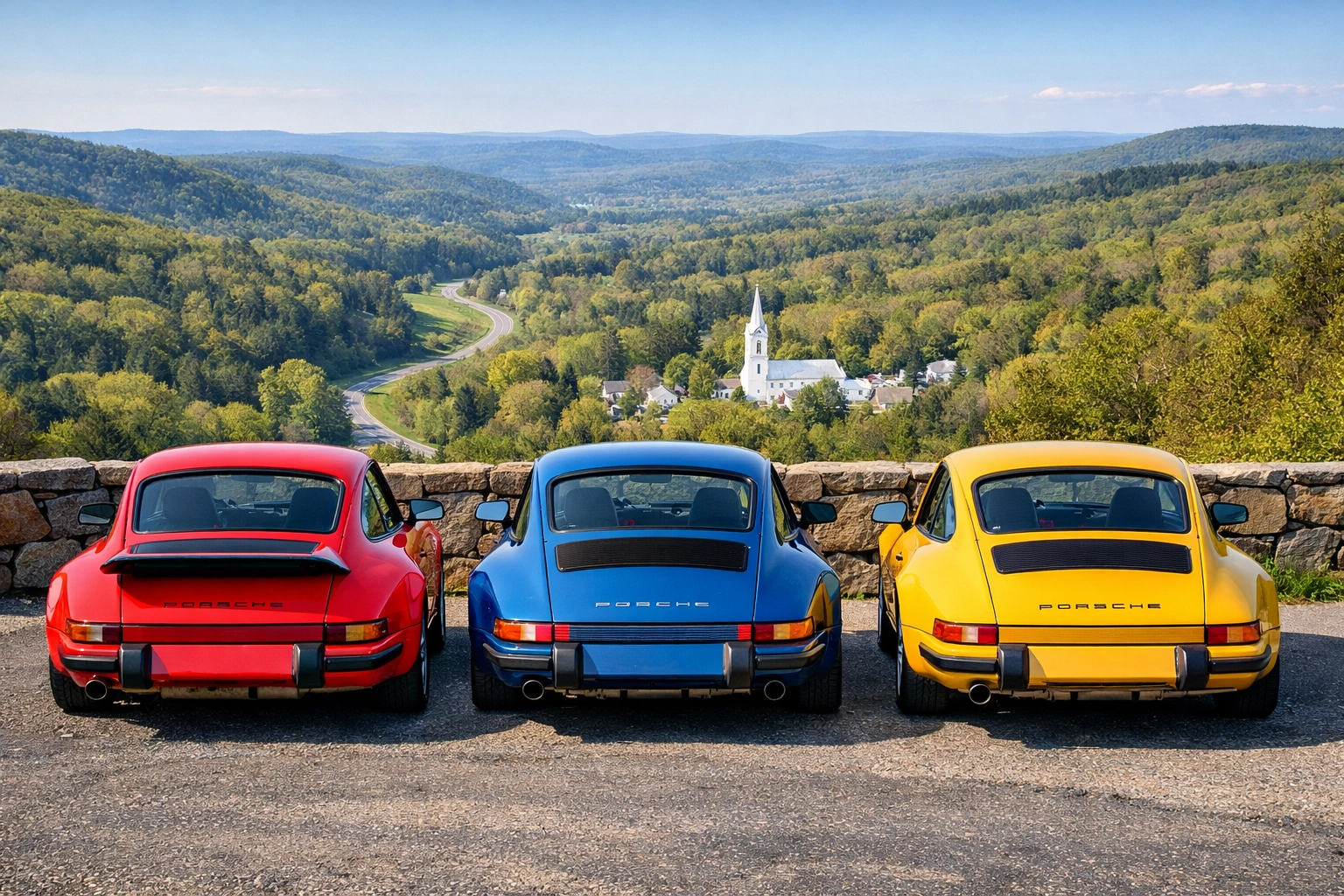Three vintage Porsches parked at a scenic overlook in CT, perfect for a weekend Litchfield Hills loop drive.