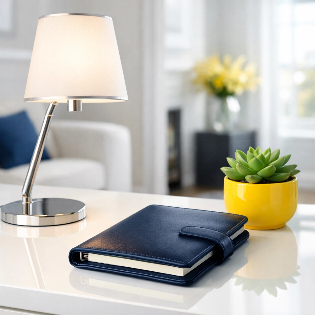 Clean home office desk with modern decor featuring professional house cleaning Burlington MA.