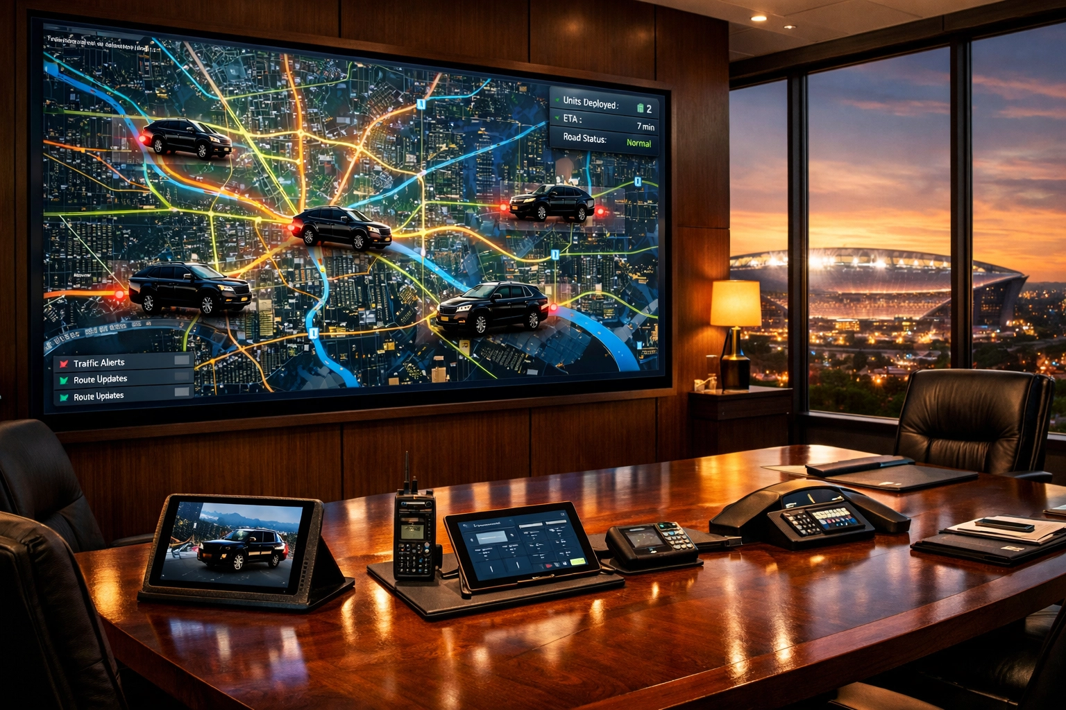 Corporate travel command center managing Super Bowl executive transportation logistics