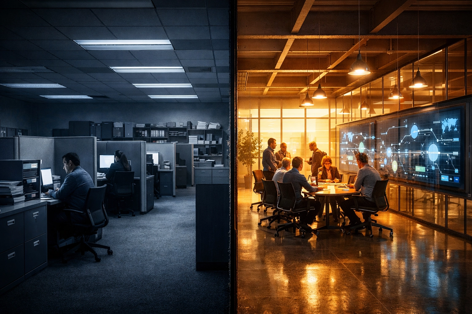 Split office showing siloed cubicles versus collaborative workspace illustrating organizational AI readiness gap