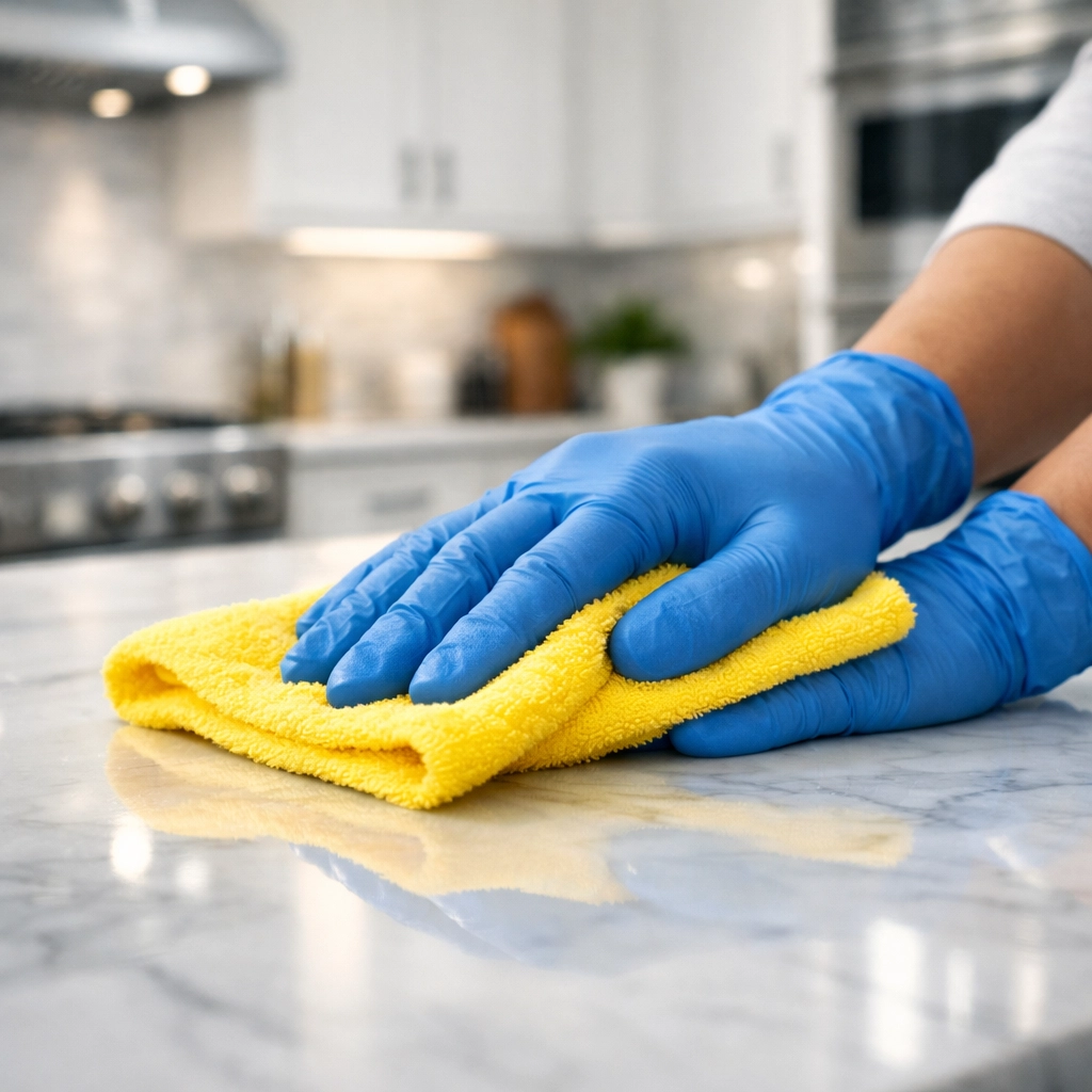 A professional house cleaning Shirley MA expert sanitizing a modern kitchen countertop for a spotless finish.