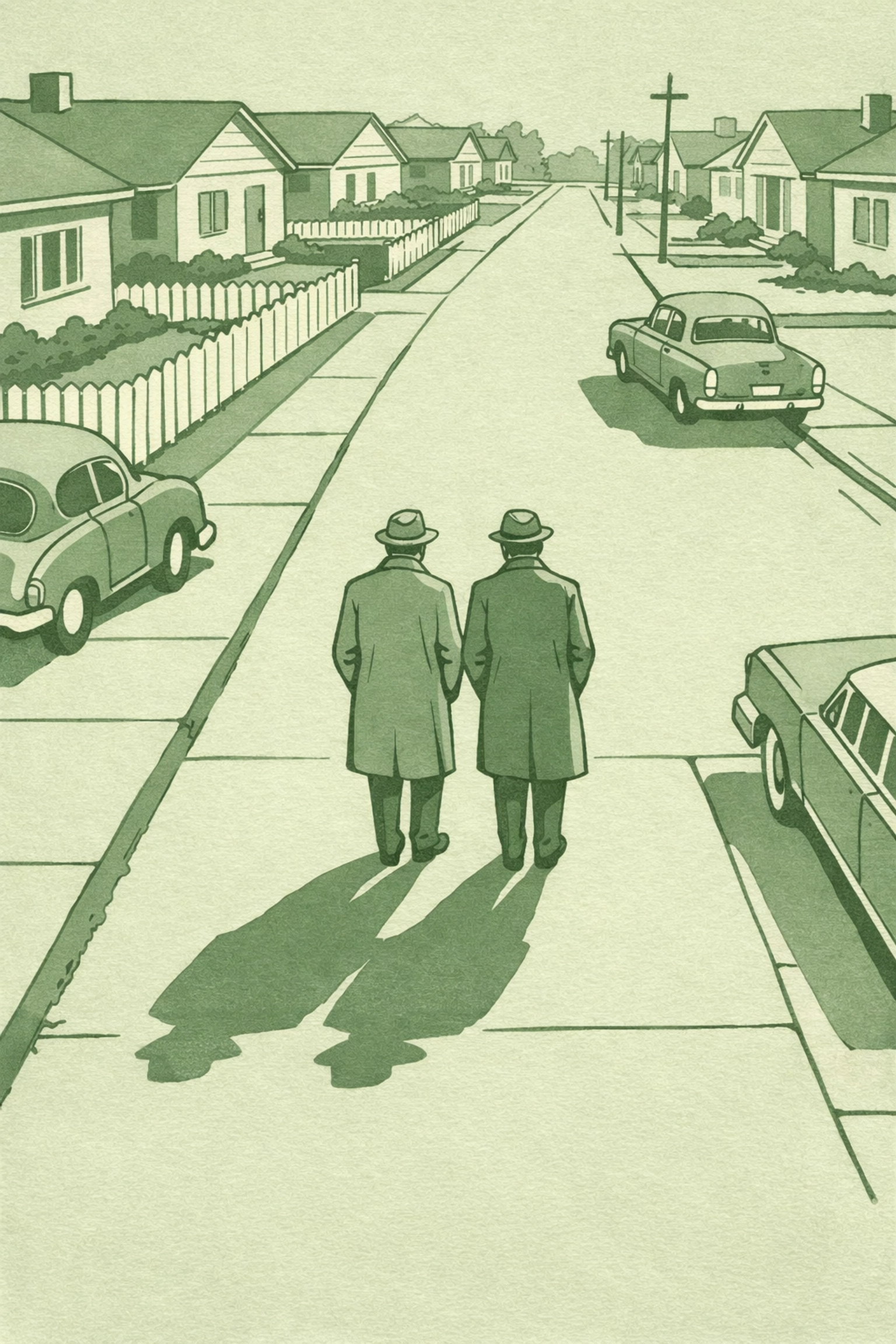 Gay couple walking on 1950s suburban street with white picket fences, hiding their relationship in plain sight