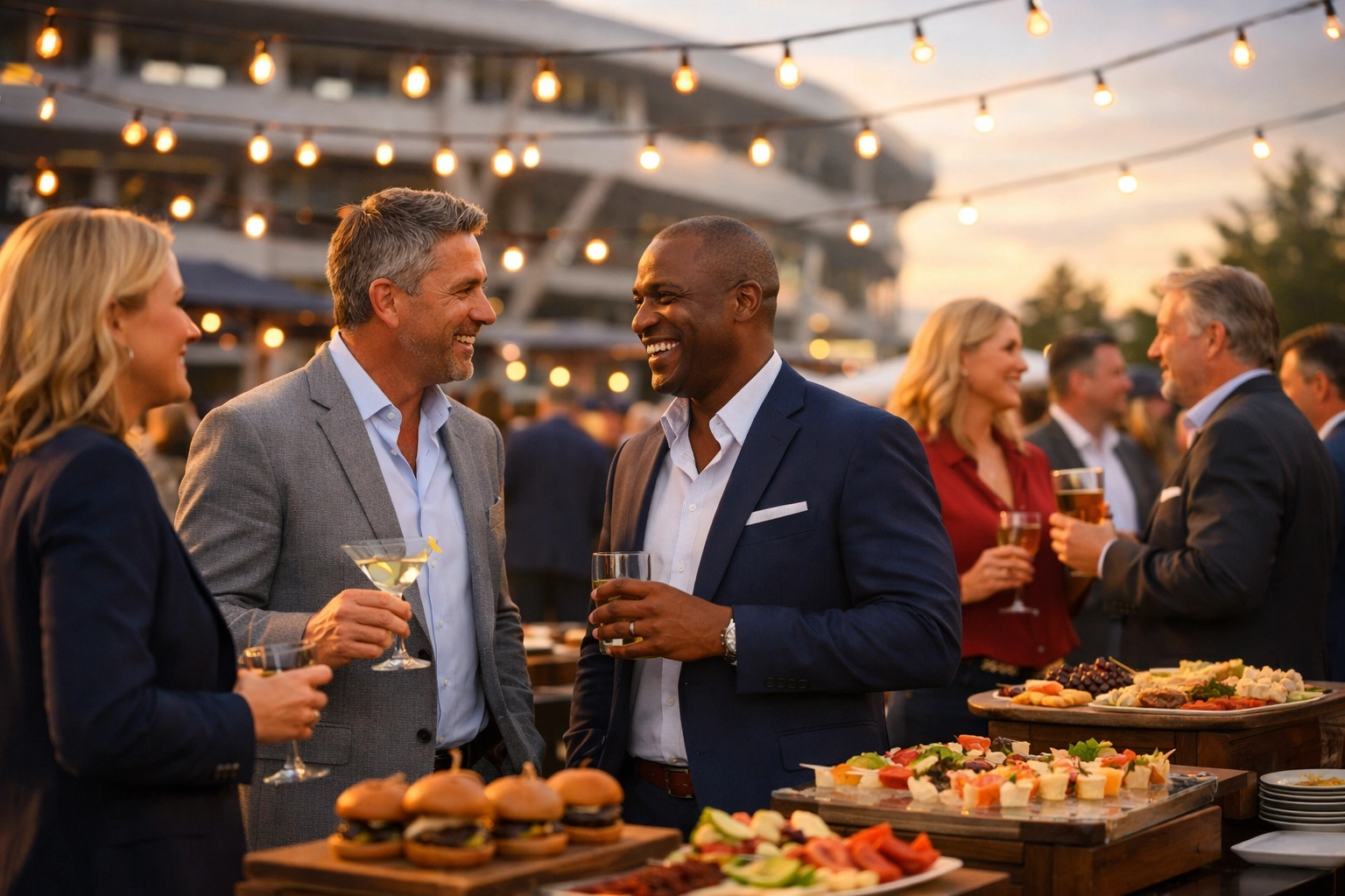 VIP Executive Hosting at the Super Bowl: How to Transform Brand Presence Into Revenue in 48 Hours Executives networking at upscale Super Bowl pre-game tailgate party