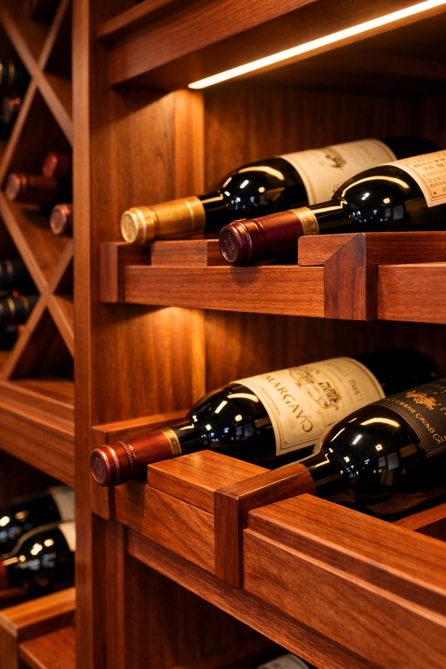 Custom redwood wine racks with integrated LED lighting for a climate-controlled NJ wine room.