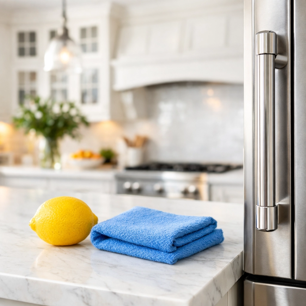 Professional kitchen cleaning in Harvard, MA focusing on high-touch surfaces like refrigerator handles.