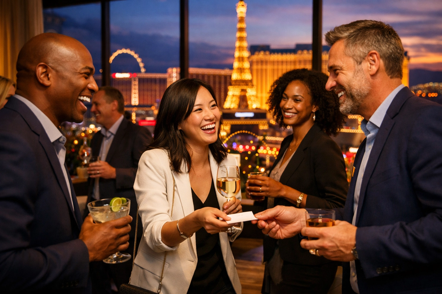 Professional business event photography of corporate networking with the Las Vegas skyline at sunset.
