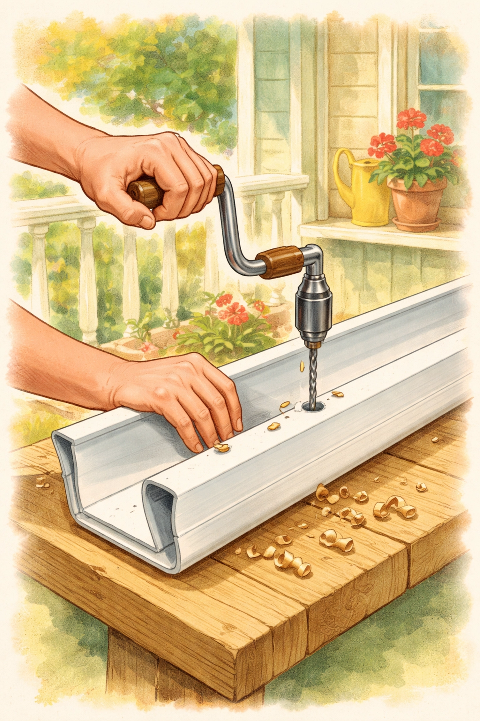 Hands drilling drainage holes in a vinyl rain gutter for a homemade vertical gutter garden project.