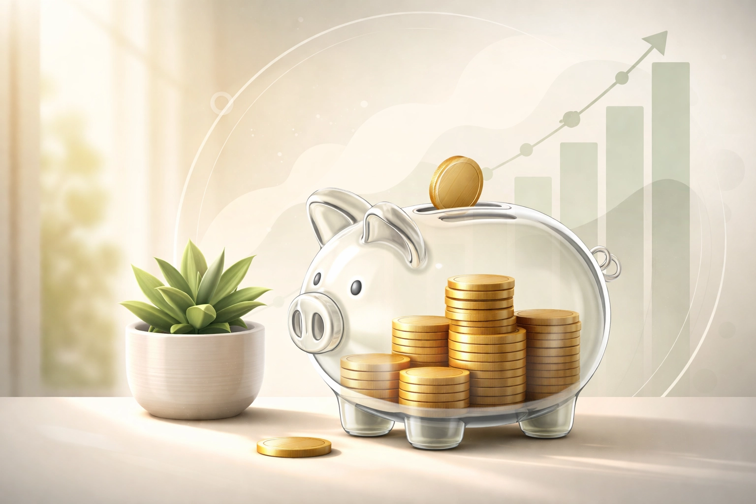 Minimalist piggy bank and growth charts, highlighting retirement savings strategies for Florida divorce settlements