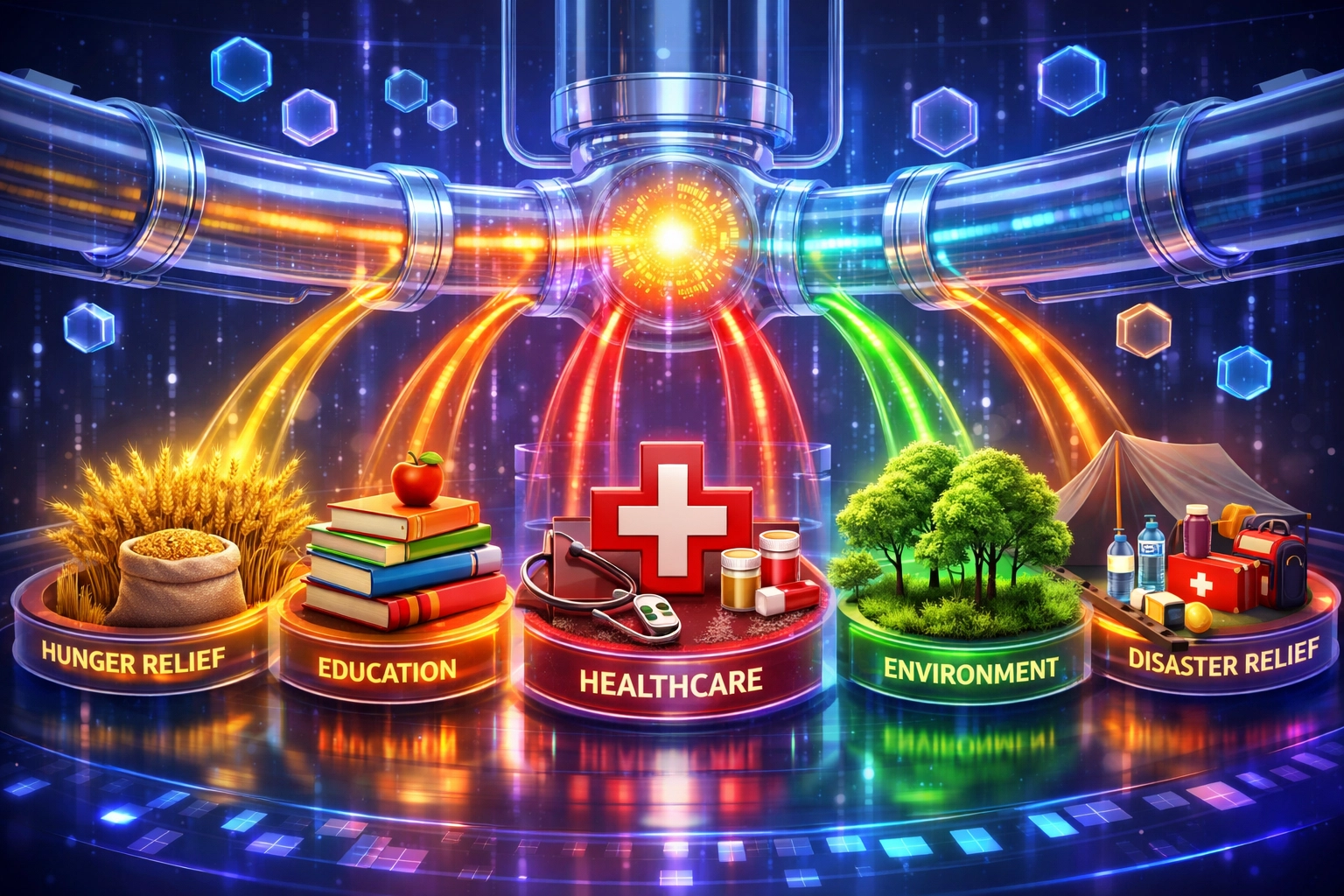 Larecoin transaction flow splitting into five charity sectors: hunger, education, health, environment, disaster relief