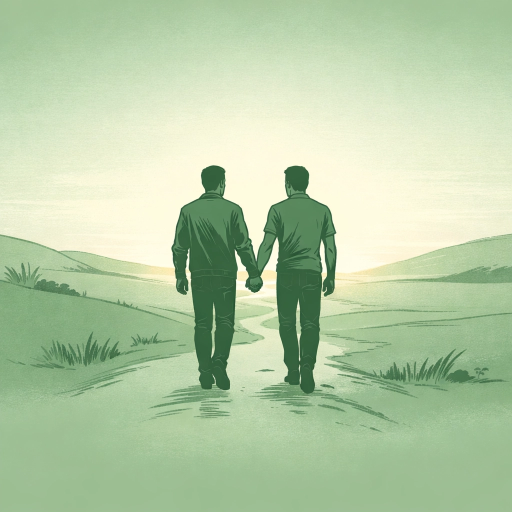 MM couple walking together toward the future, reflecting themes of hope in modern gay fiction.