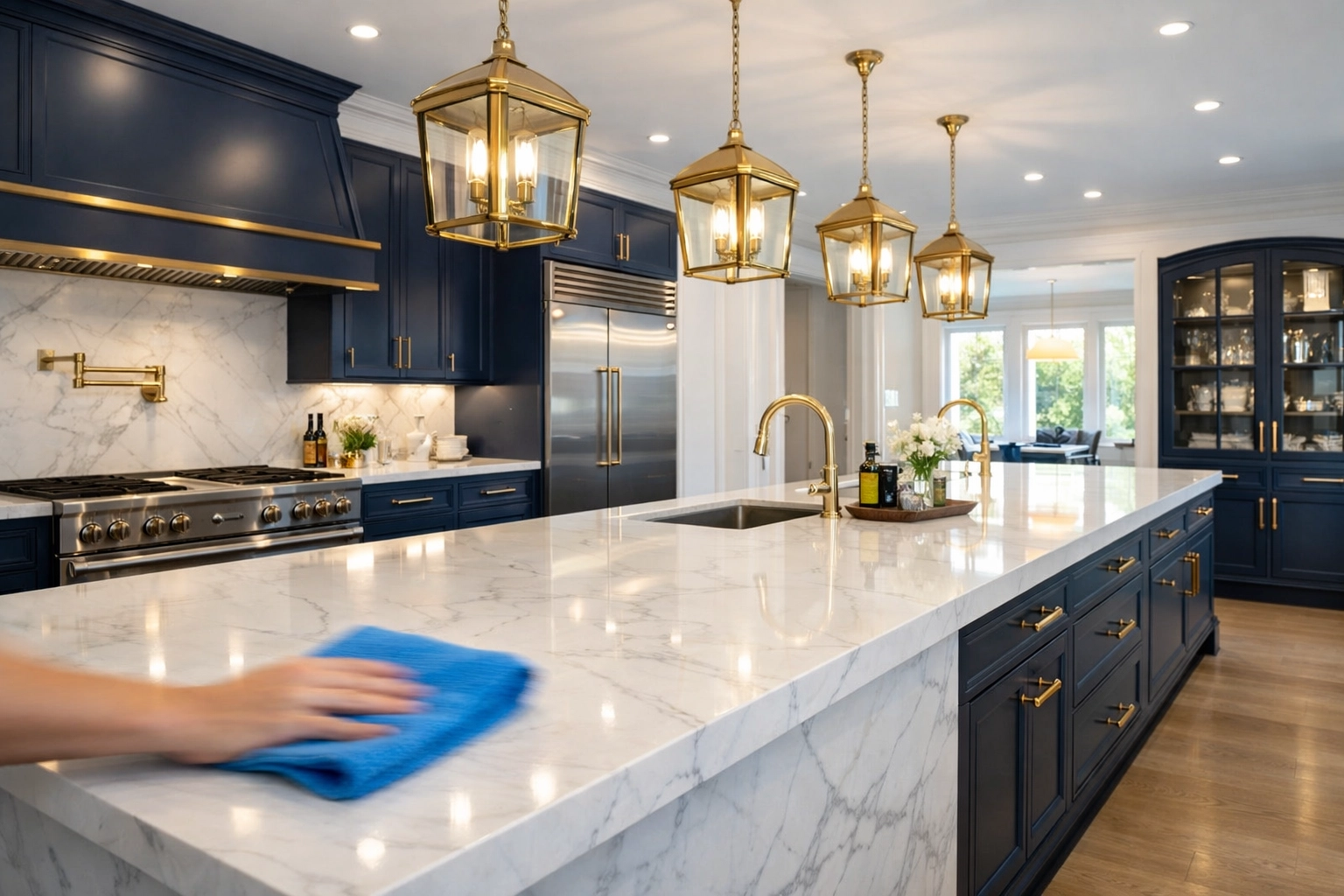 Spotless luxury kitchen in a Dover estate demonstrating residential cleaning Massachusetts Ninja Efficiency.