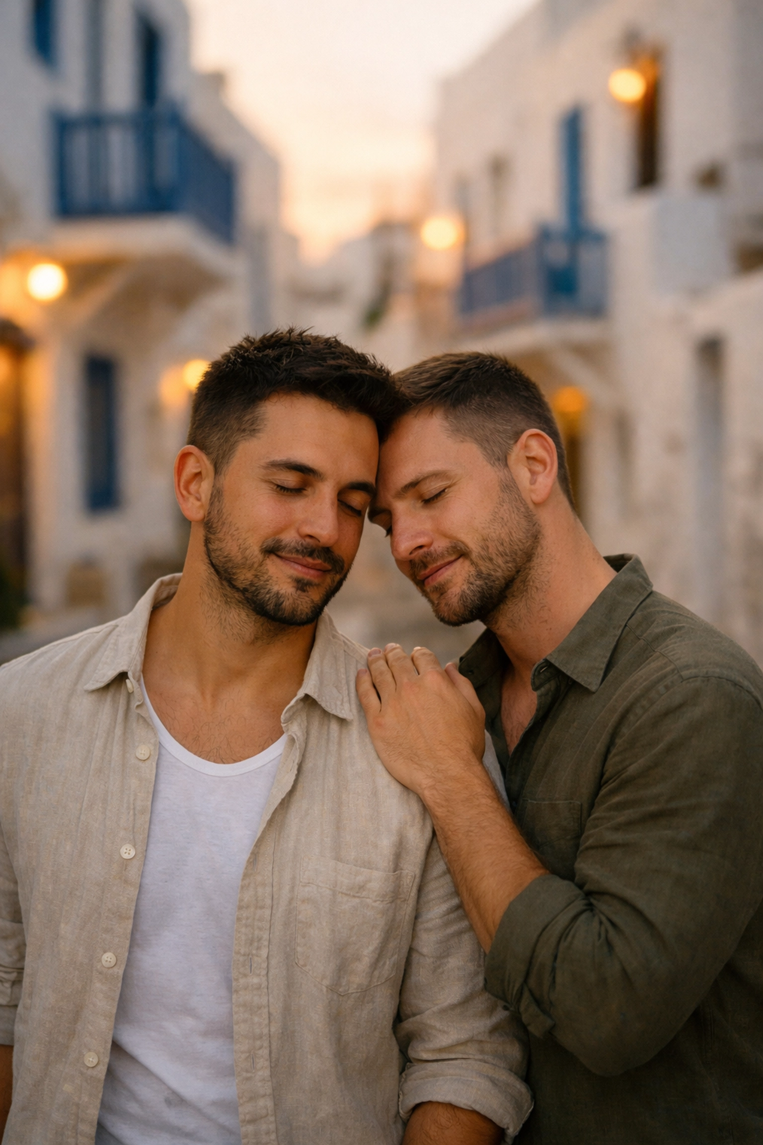 Gay couple embracing on whitewashed Mykonos street at sunset