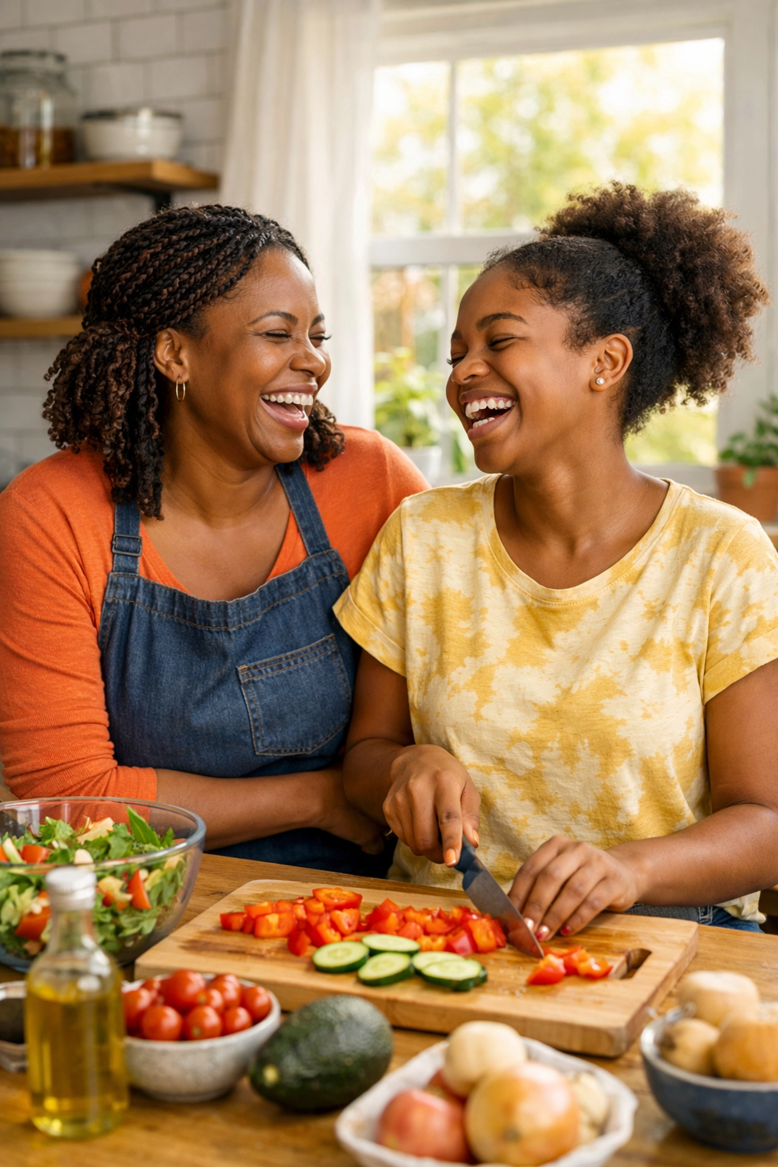 Black mother and daughter sharing a joyful moment in their stable South Jersey home.