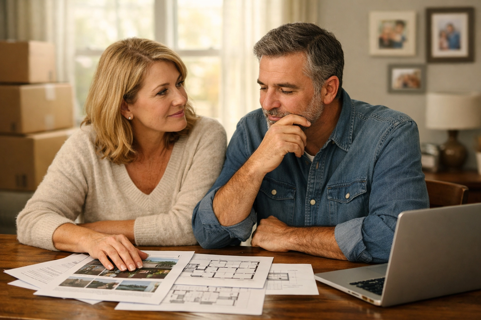 Couple reviewing home listings and floor plans during life transition real estate decision