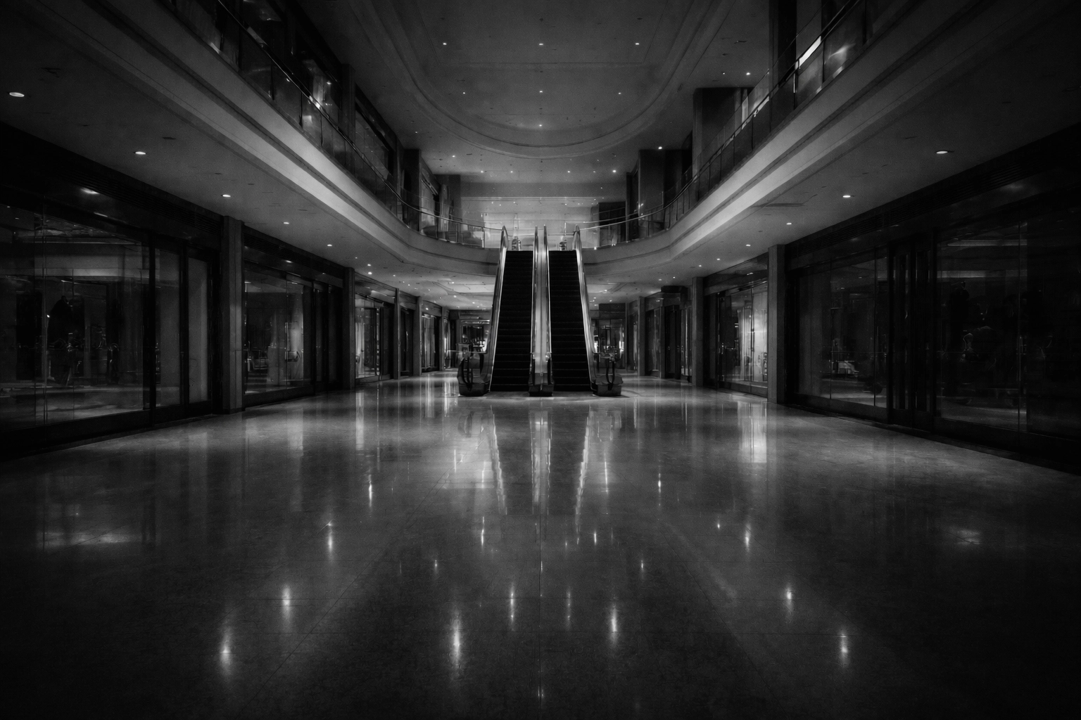 Empty upscale shopping mall in Kuwait with polished floors and escalators, symbolizing superficial growth without unique business maturity.
