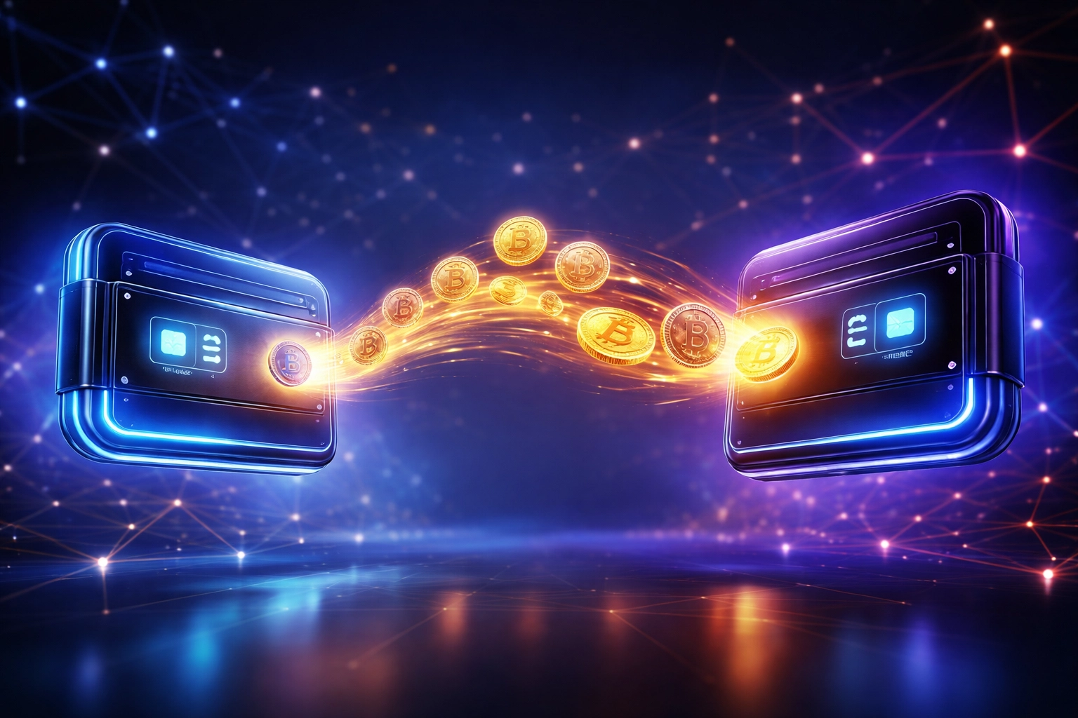 Illustration of crypto coins transferring directly between digital wallets to represent self-custody merchant payments.