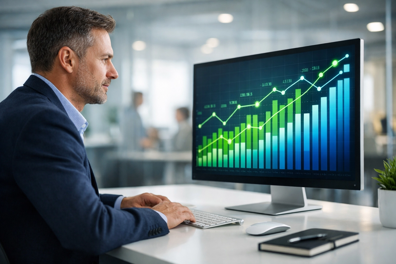 Executive reviewing a ServiceNow ROI dashboard displaying platform health and automation performance metrics.